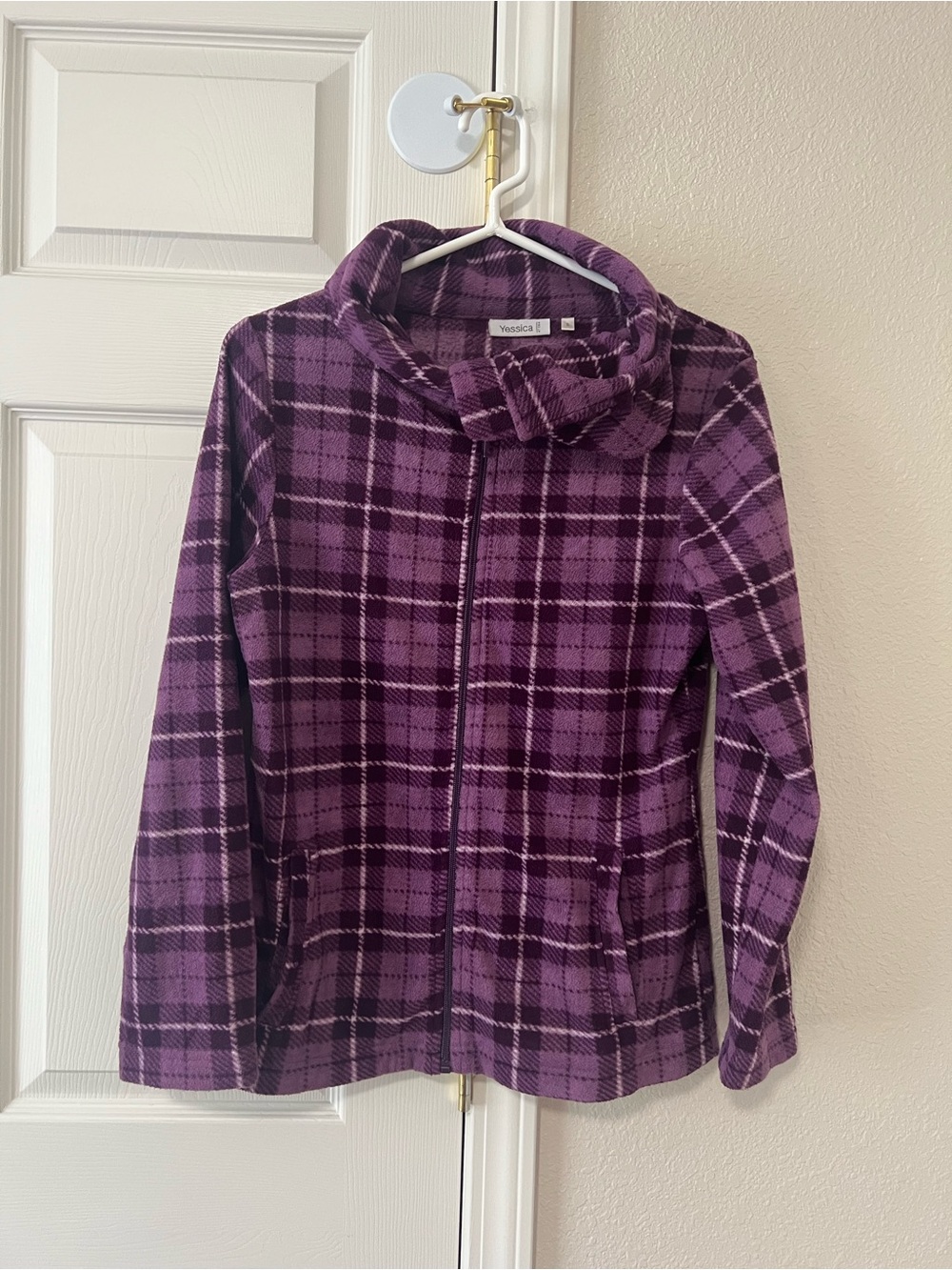 Yessica Purple Plaid Fleece Jacket Full Zip Adjustable Cowl Collar Size EU S
